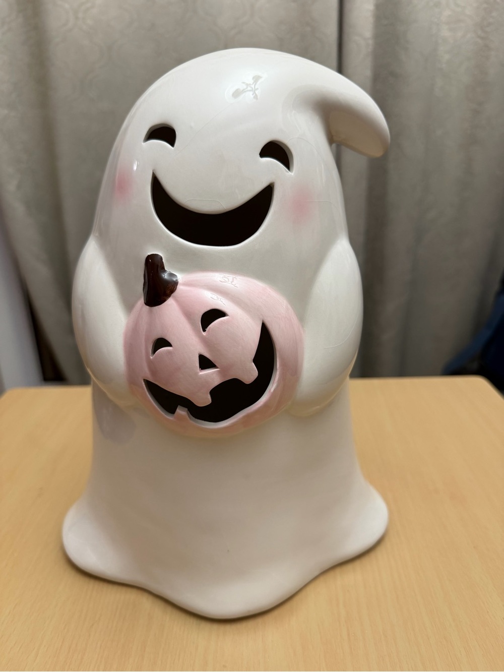 Lighted Ceramic White Ghost with Pink Pumpkin Halloween Accent